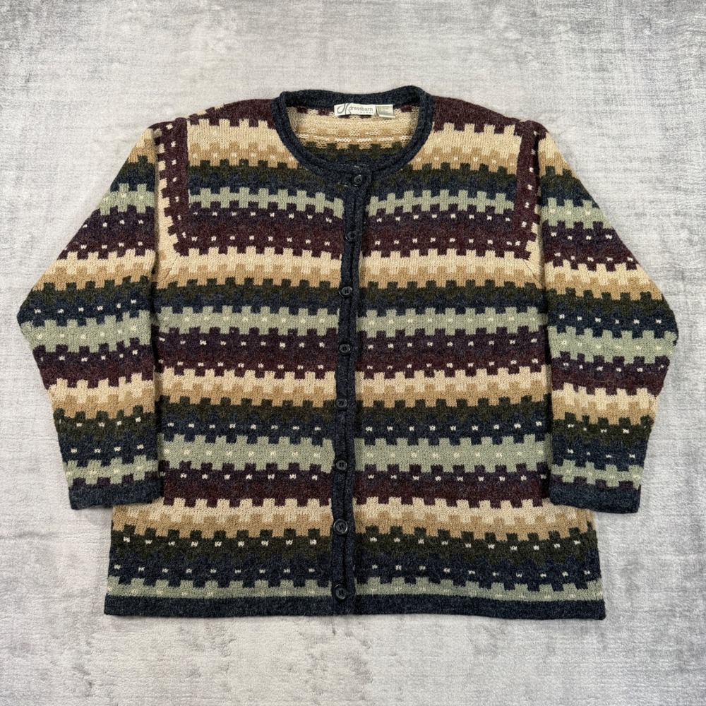 Dressbarn Sweater Womens 2X Beige Vintage Fair Isle Geometric Knit Cardigan